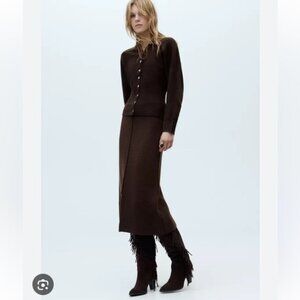 ZARA Midi Skirt Knit Brown Pull On Classic Retro front slit skirt sz M